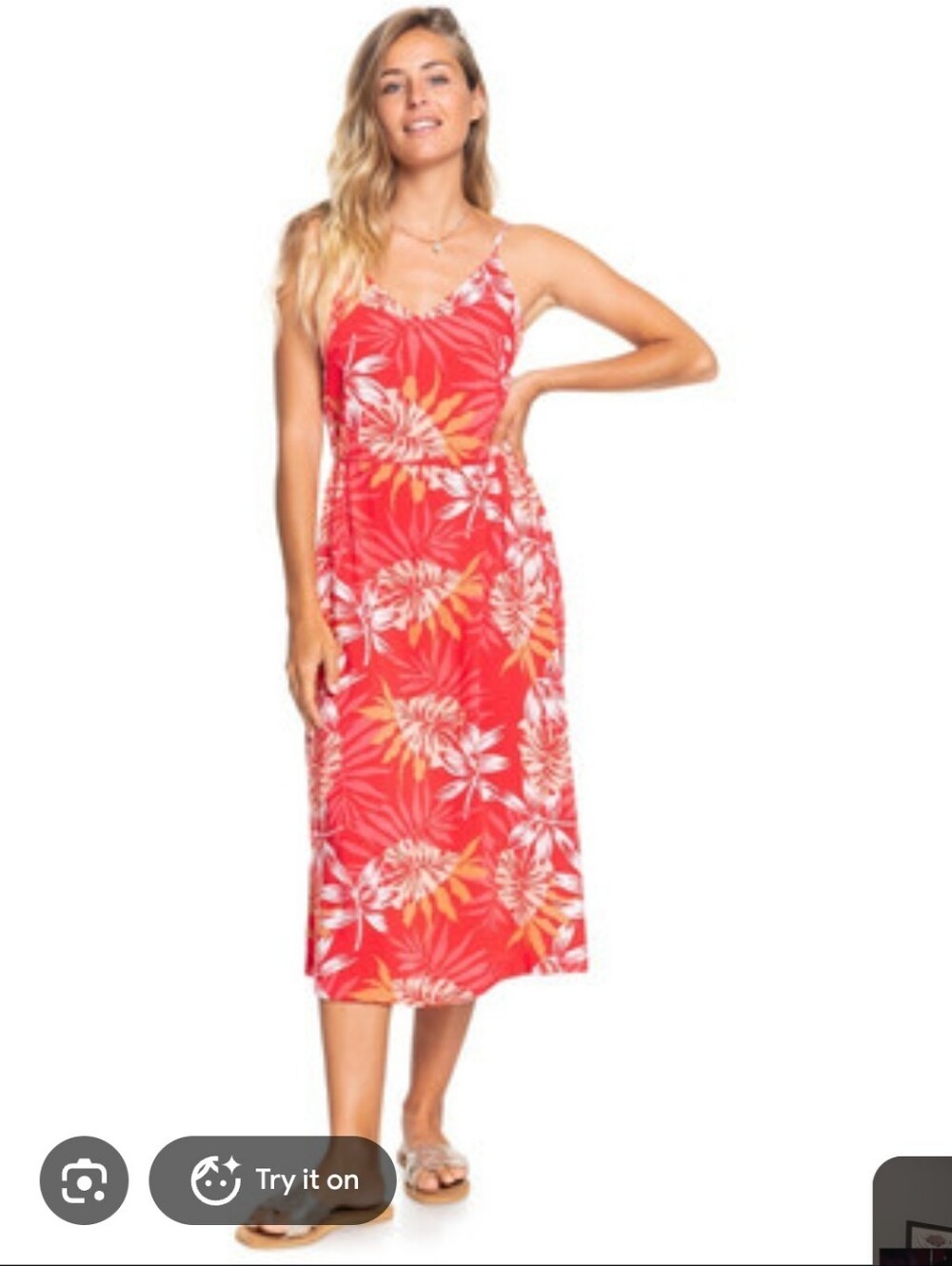 Roxy Red Tropical Floral Slip Midi Dress Smocked L